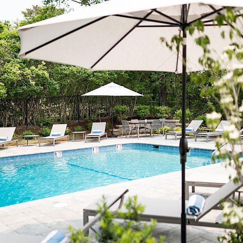 An outdoor pool area with several white lounge chairs, large umbrellas, and greenery surrounding the pool. The scene is inviting and tranquil.
